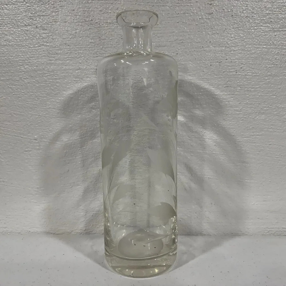 Vintage Etched Clear Glass Bottle Decanter Wheat FloralPattern Antique Barware
